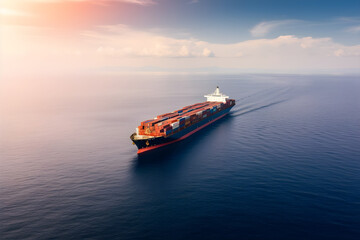 aerial panorama of a cargo ship carrying container for import and export business logistic and transportation in open sea with copy space