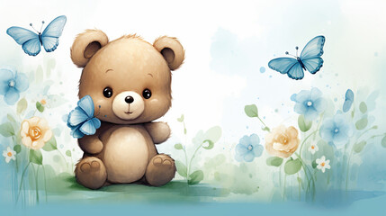 Sticker - Cute Bear Cartoon in Flowering Branches and Butterflies