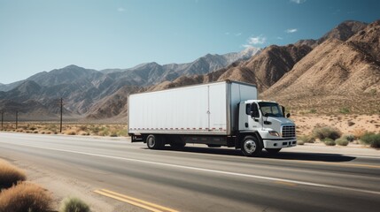 Wall Mural - a white cargo truck with a white blank empty trailer for ad on a highway road in the united states. beautiful nature mountains and sky. driving in motion. Generative AI