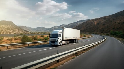 a white cargo truck with a white blank empty trailer for ad on a highway road in the united states. beautiful nature mountains and sky. driving in motion. Generative AI