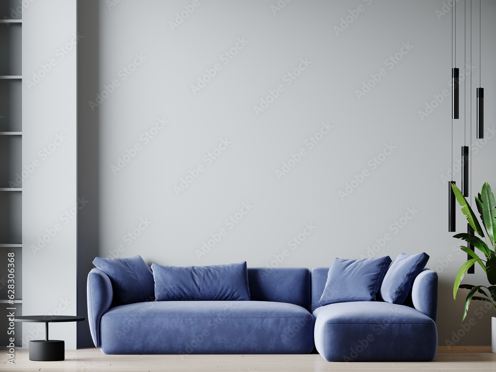 Living room design interior in gray and blue navy accents colors. Grey ...