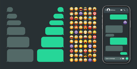 Smartphone messaging app, user interface with emoji. SMS text frame. Chat screen, green message bubbles. Texting app for communication. Social media application. Dark mode. Vector illustration