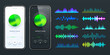 © 32 pixels - Online audio player user interface, smartphone app UI design. Music, media streaming and listening platform. Responsive mobile application. Neumorphism. Various sound waves. Vector illustration