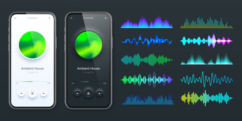 Wall Mural - Online audio player user interface, smartphone app UI design. Music, media streaming and listening platform. Responsive mobile application. Neumorphism. Various sound waves. Vector illustration