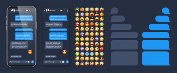 Smartphone messaging app, user interface with emoji. SMS text frame. Chat screen, blue message bubbles. Texting app for communication. Social media application. Dark mode. Vector illustration