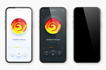 Wall Mural - Online audio player user interface, smartphone app UI design. Music, media streaming and listening platform. Responsive mobile application. Neumorphism, neumorphic style. Vector illustration.