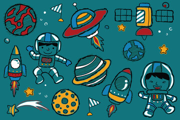 Wall Mural - Vector set of space elements cartoon with little astronaut in hand drawn styles