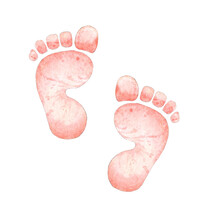Watercolor Illustration Of Pink Prints Of Children's Feet. Newborn, Hello, Baby, Toddler, Baby, Poster, Nursery Decor, Greeting Card, Invitation Card, Baby Shower, Birthday.