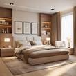Interieur Luxus-Schlafzimmer mit beigen Wänden, Holzboden, komfortablem Kingsize-Bett - Beigetöne - AI generiert