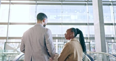 Sticker - Escalator, talking or business people walking on office stairs together for networking or communication. Back, diversity or employees enjoy speaking of vision in discussion while moving on lift steps