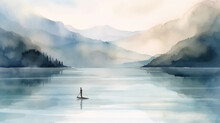 Single Man Standing On A Paddle Bord, Beautiful Lake And Mountains Watercolor Morning Landscape. Calm Illustration Of Sup Board Floating.