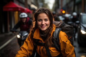 Wall Mural - A food delivery woman riding a bike with a backpack full of food containers, wearing a bright yellow delivery uniform, and a reflective vest. Generative AI