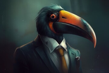 Wall Mural - Anthropomorphic toucan dressed in a suit like a businessman. Business Concept. AI generated, human enhanced