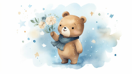 Wall Mural - Cute Teddy Bear Holding Flowers in Hand