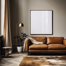 Poster Frame Mock-up In A Contemporary Home Interior Background, Featuring A Modern Sofa And Stylish Decor In The Living Room, 3D Render. Made With Generative AI Technology