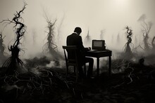 Silhouette Of A Man Sitting In The Middle Of A Dead Forest