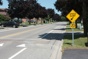 Wall Mural - medium on speed hump arrow 20 km/h sign in black writing on yellow background silver post with speed bump in frame