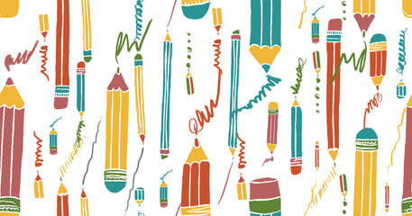 Pencils with scribbles seamless pattern. Hand drawn crayons collection. Colorful elements. Kids style drawing pencil. Doodle crayon. Cute wallpaper. Vector illustration on white background