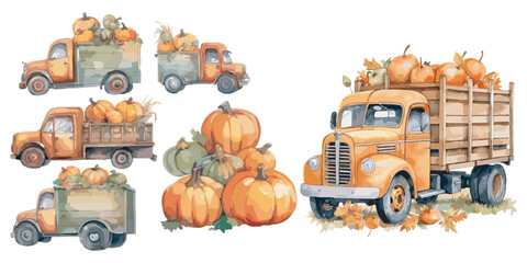 Watercolor Truck with Pumpkins clipart for graphic resources