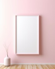 Vertial Simple Frame Mock Up On Warm Pink Painted Wall, Empty White Board Background 
