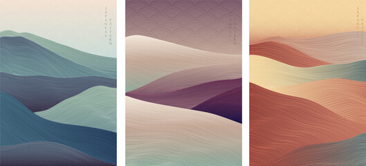 Japanese background with line wave pattern vector. Abstract template with landscape pattern. Mountain and ocean decorative in oriental style. 