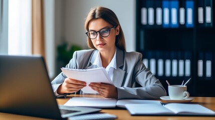 A woman sitting at a desk reading a piece of paper, created with Generative Ai Technology