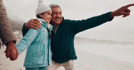 Sticker - Pointing, grandfather and child holding hands at beach for care, bonding and having fun. Grandpa, happy kid and family together for sightseeing at ocean, smile and travel on holiday in winter at sea