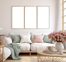 Mockup Frame In An Interior Background Featuring A Room Decorated In A Scandi-Boho Style With Light Pastel Colors, 3D Render. Made With Generative AI Technology