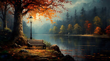 Beautiful Autumn Landscapes In The Rain, Nostalgic Atmosphere, All The Colors Of Autumn. Generative AI
