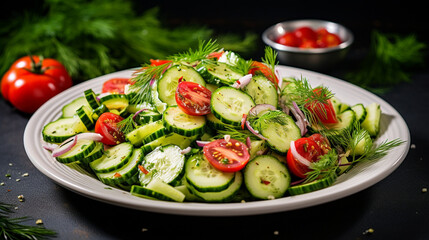 Canvas Print - Summer Cucumber Salad with Cucumber, Tomatoes, and Shallots