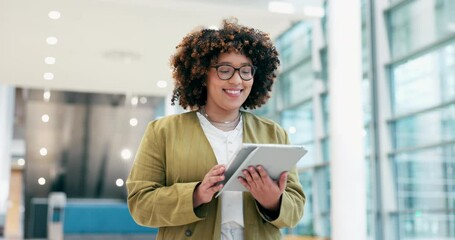 Wall Mural - Happy, woman and walking with tablet for planning in office, company and communication on social media and internet. Online, research and businesswoman reading news, report or feedback in workplace