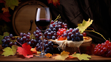 Poster - Wine, Grapes, and Leaves Shown on Table