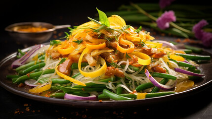 Canvas Print - Spicy Pad Thai Salad With Pork Onions And Green Bean