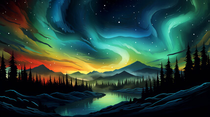 Wall Mural - Aurora Borealis in Dark Purple and Light Blue Style