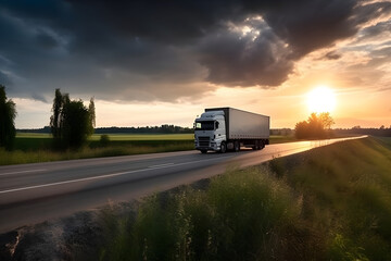 Wall Mural - white truck driving on the asphalt road in rural landscape with dramatic cloud at sunset