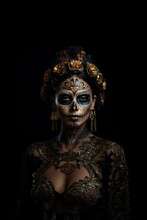 Woman Catrina With Sugar Skull Makeup Over Halloween Costume