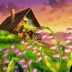 Wall Mural - landscape with flowers and house