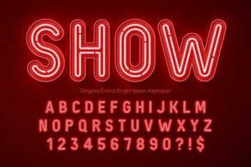 Poster - neon light 3d alphabet, retro-futuristic original type.