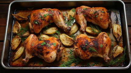 Wall Mural - Two Baking Sheets with Chicken Baked in Sauce