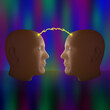  Two 3D-modeled heads face-to-face in an abstract space with lightning jumping between the two heads