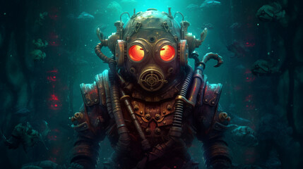 Wall Mural - Dark Ruby Techno Scuba Diver