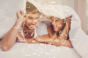 Wall Mural - Horoscope compatibility concept. Loving couple with classic zodiac wheel