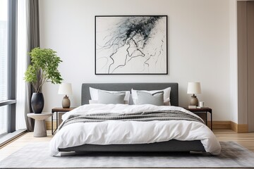 A black potted plant is placed in a luxurious, white bedroom with ample space. The room features a wooden bed frame with an intricately designed headboard, positioned against a wall adorned with a