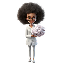 3D Cartoon Character Doctor Young Woman Standing Holding Brain Health Care Idea Concept, Full Body Isolated On White And Transparent Background, Ai Generate