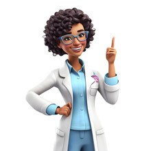 3D Cartoon Character Smiling Doctor Young Woman Showing Hand Pointing Finger, Isolated On White And Transparent Background, Ai Generate