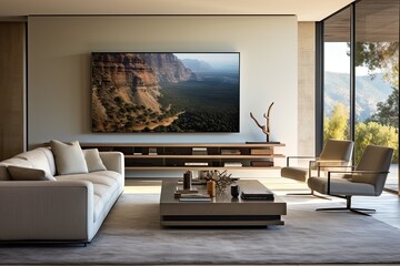 Poster - a contemporary living room features a sleek digital display mounted on the wall.