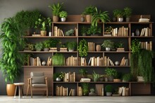 A Contemporary-style Bookshelf Adorned With Plants That Serves As A Modern Decorative Element For Virtual Office Backdrops, Studio Backgrounds, Or Can Be Printed In A Large Format To Enhance A Back