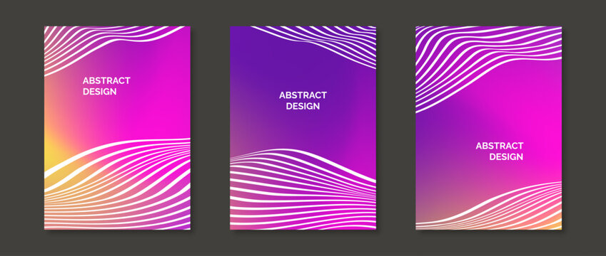 Abstract gradient backgrounds with wavy lines. Set of bright colorful design templates for posters, banners, brochures, flyers, covers. Fluid vivid pink magenta wallpaper pack. Vector 
