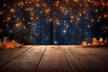 Wall Mural - wood flooring with christmas lights set behind the table Generative AI