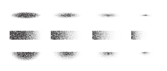 Aufkleber - Set of textured gradient shadow shapes. Fading stippled shade design elements collection. Black vintage dotted stencil effect. Halftone noise grain forms pack. Vector illustration bundle 